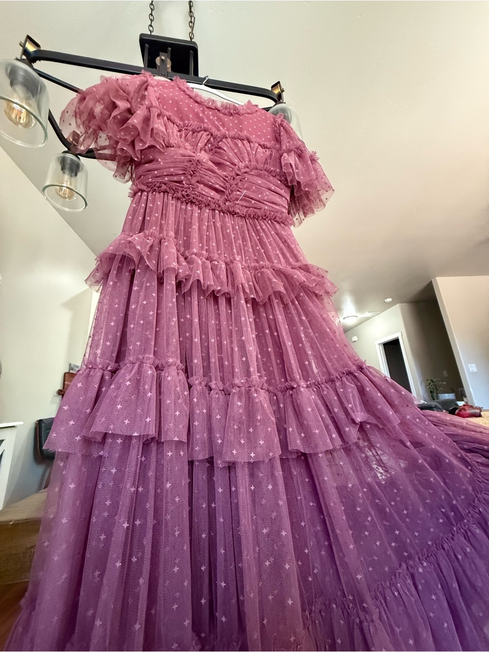 Ivy City Co Red Tiered Tulle Dress with Embellished Bodice